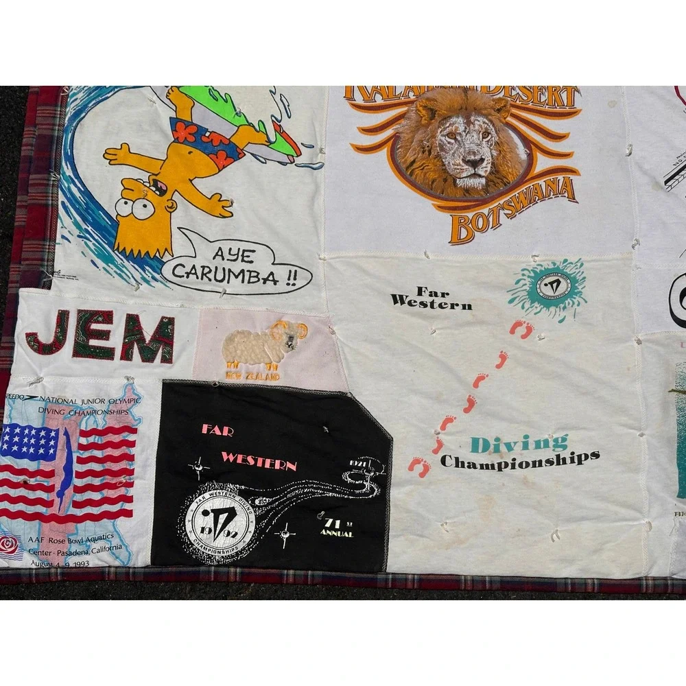 Vtg 90s Graphic T-Shirt Quilt Handmade Patchwork Blanket Levis Bart College